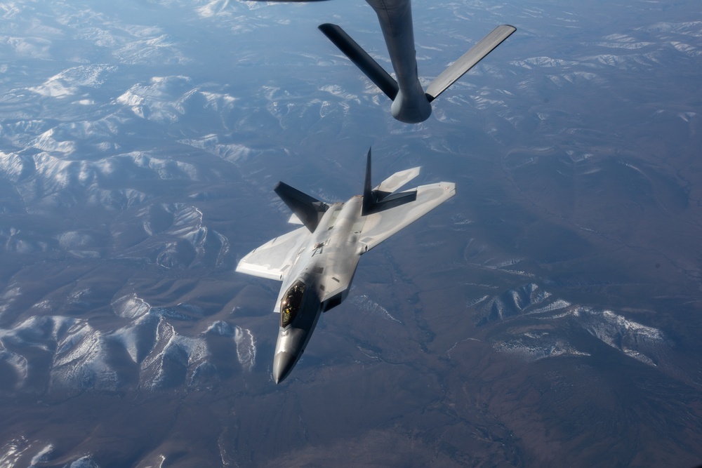 KC-135 refuels Raptors during Northern Edge 23-1