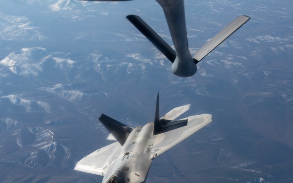 KC-135 refuels Raptors during Northern Edge 23-1