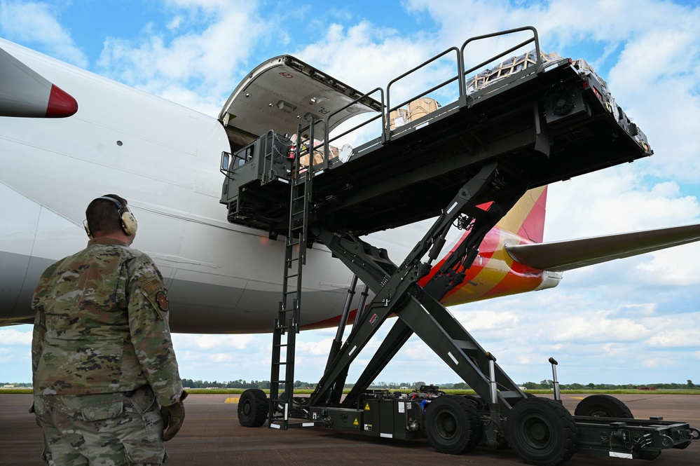 9th EBS receives mission support cargo at RAF Fairford for BTF 23-3