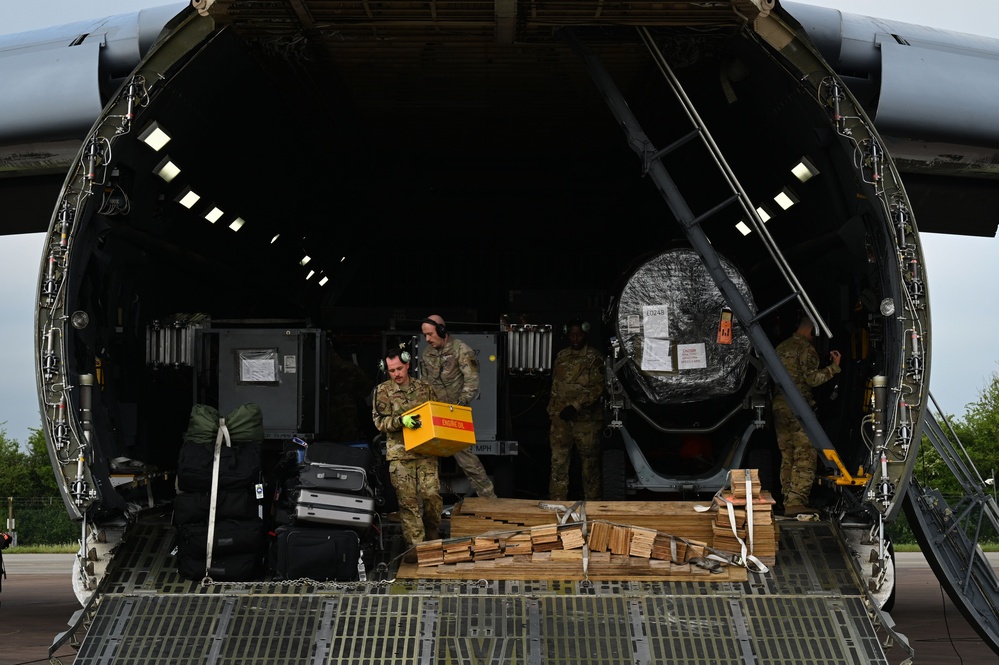9th EBS receives mission support cargo at RAF Fairford for BTF 23-3