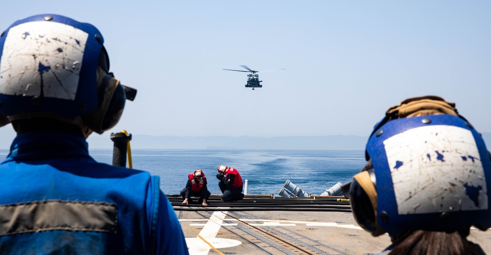 USS Rpbert Smalls (CG 62) Conducts HIFR with HSM-77 SaberHawks