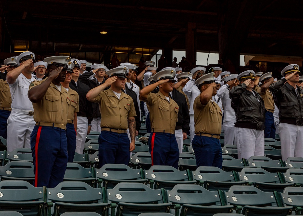 Sailors and Marines attend an Angel's baseball game