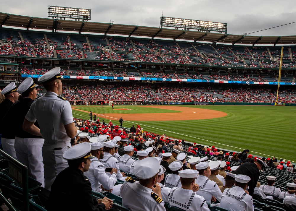 Sailors and Marines attend an Angel's baseball game