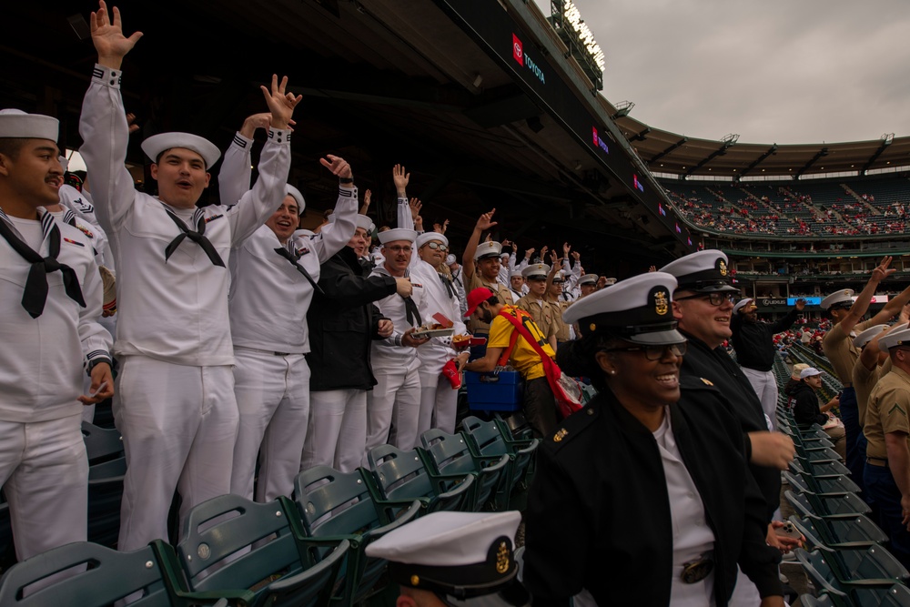 Sailors and Marine attend a Anaheim Angels game