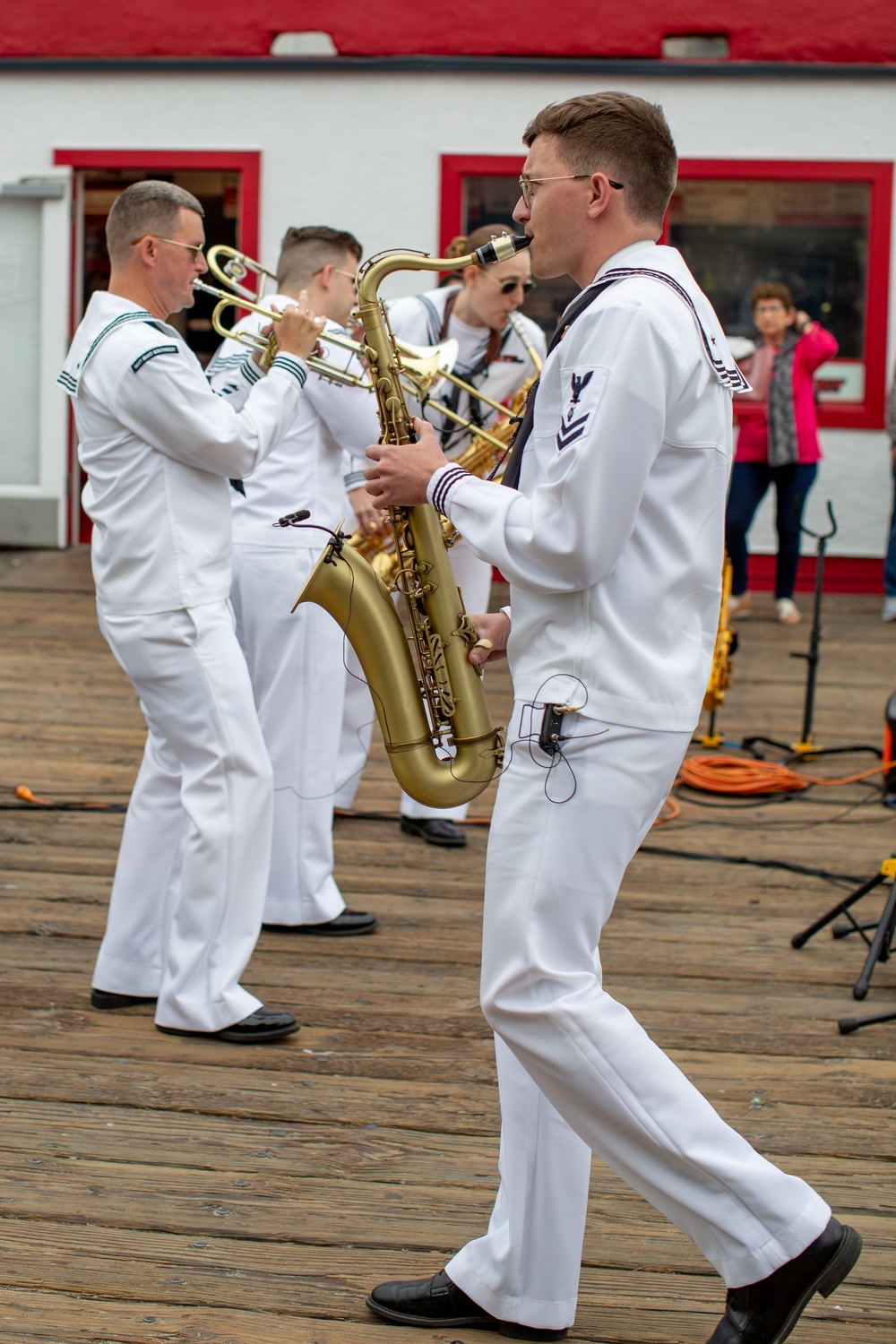 Sailors assigned to Navy Band Southwest perform at the Santa Monica pier during LAFW