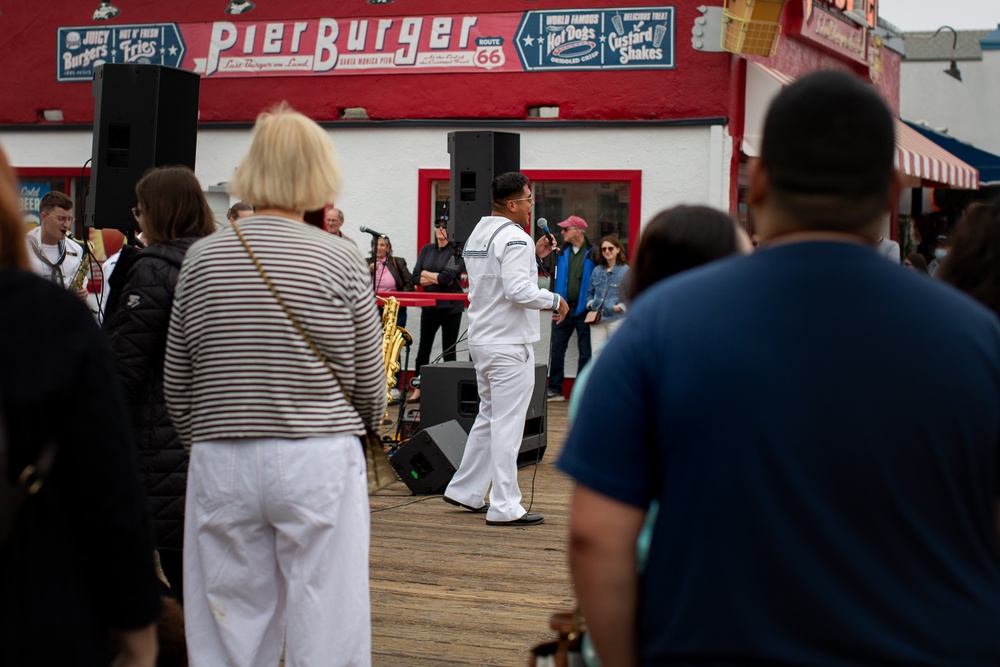 Sailors assigned to Navy Band Southwest perform at the Santa Monica pier during LAFW