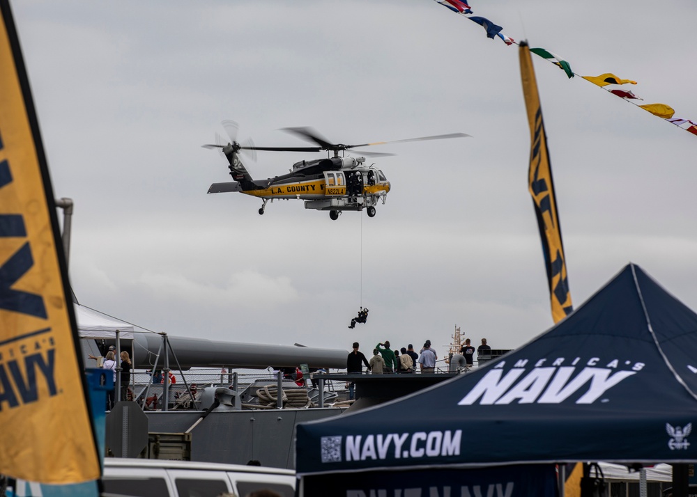 The LA County Fire Department conduct a fly by at the Los Angeles Navy fleet week