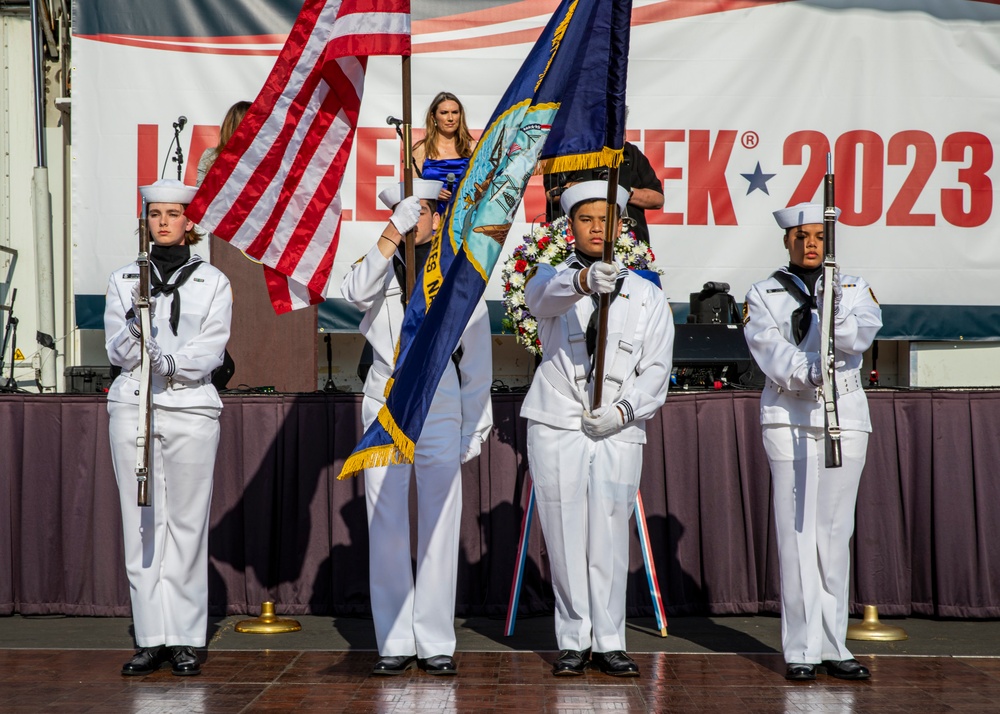 U.S. Navy Cadet Sailors partcipate as color guard during the Los Angeles Navy fleet week