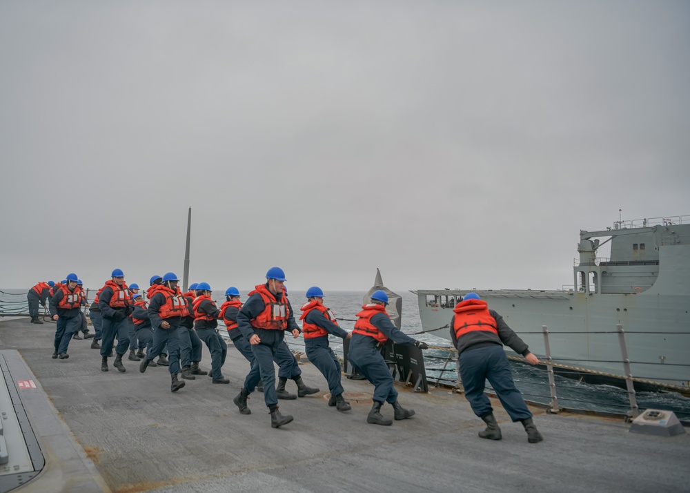 USS Oscar Austin (DDG 79) conducts replenishment-at-sea during Formidable Shield 2023