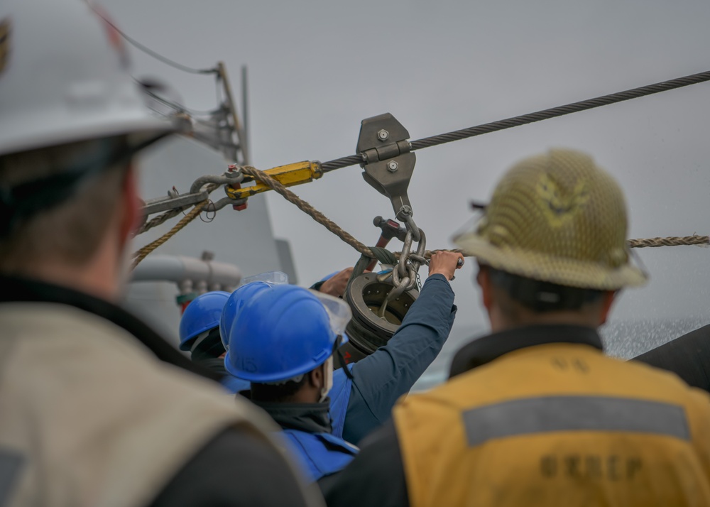 USS Oscar Austin (DDG 79) conducts replenishment-at-sea during Formidable Shield 2023