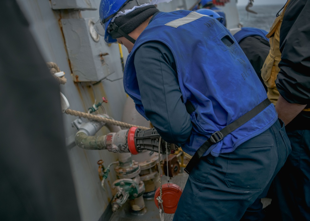 USS Oscar Austin (DDG 79) conducts replenishment-at-sea during Formidable Shield 2023