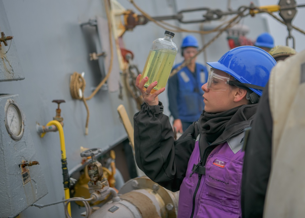 USS Oscar Austin (DDG 79) conducts replenishment-at-sea during Formidable Shield 2023