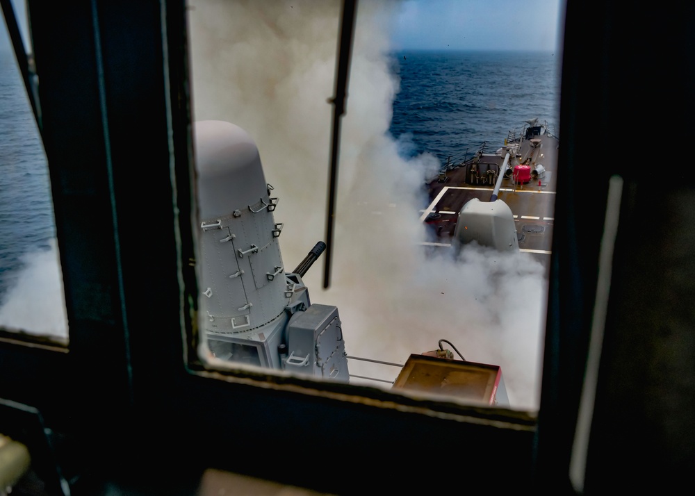 USS Oscar Austin (DDG 79) launches missiles during Formidable Shield 2023