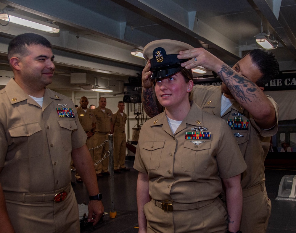 USS Ronald Reagan (CVN 76) pins newly selected Master Chief Petty Officer and Senior Chief Petty Officers