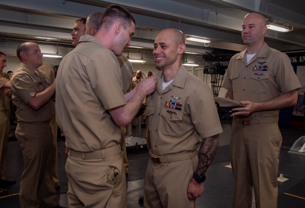 USS Ronald Reagan (CVN 76) pins newly selected Master Chief Petty Officer and Senior Chief Petty Officers