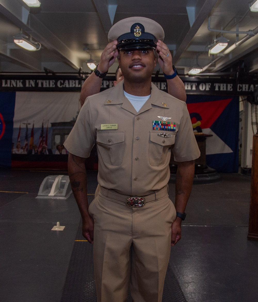 USS Ronald Reagan (CVN 76) pins newly selected Master Chief Petty Officer and Senior Chief Petty Officers