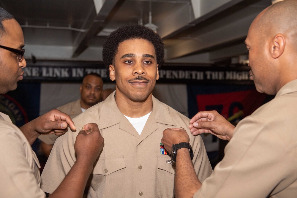 USS Ronald Reagan (CVN 76) pins newly selected Master Chief Petty Officer and Senior Chief Petty Officers