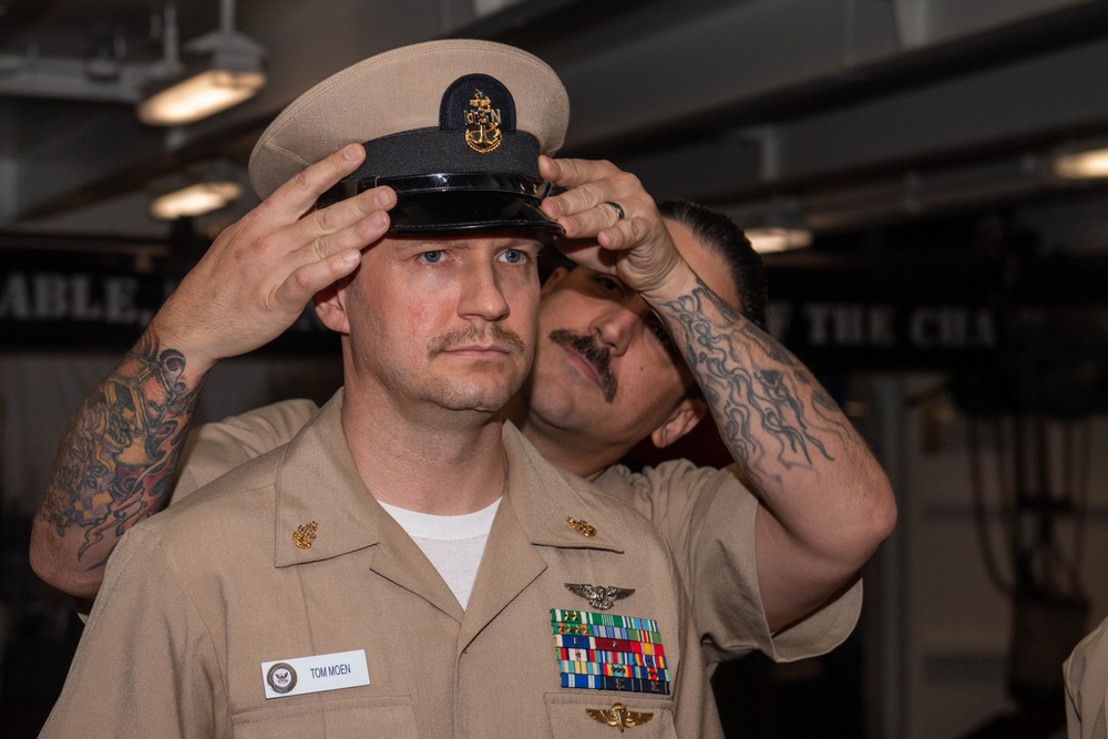 USS Ronald Reagan (CVN 76) pins newly selected Master Chief Petty Officer and Senior Chief Petty Officers