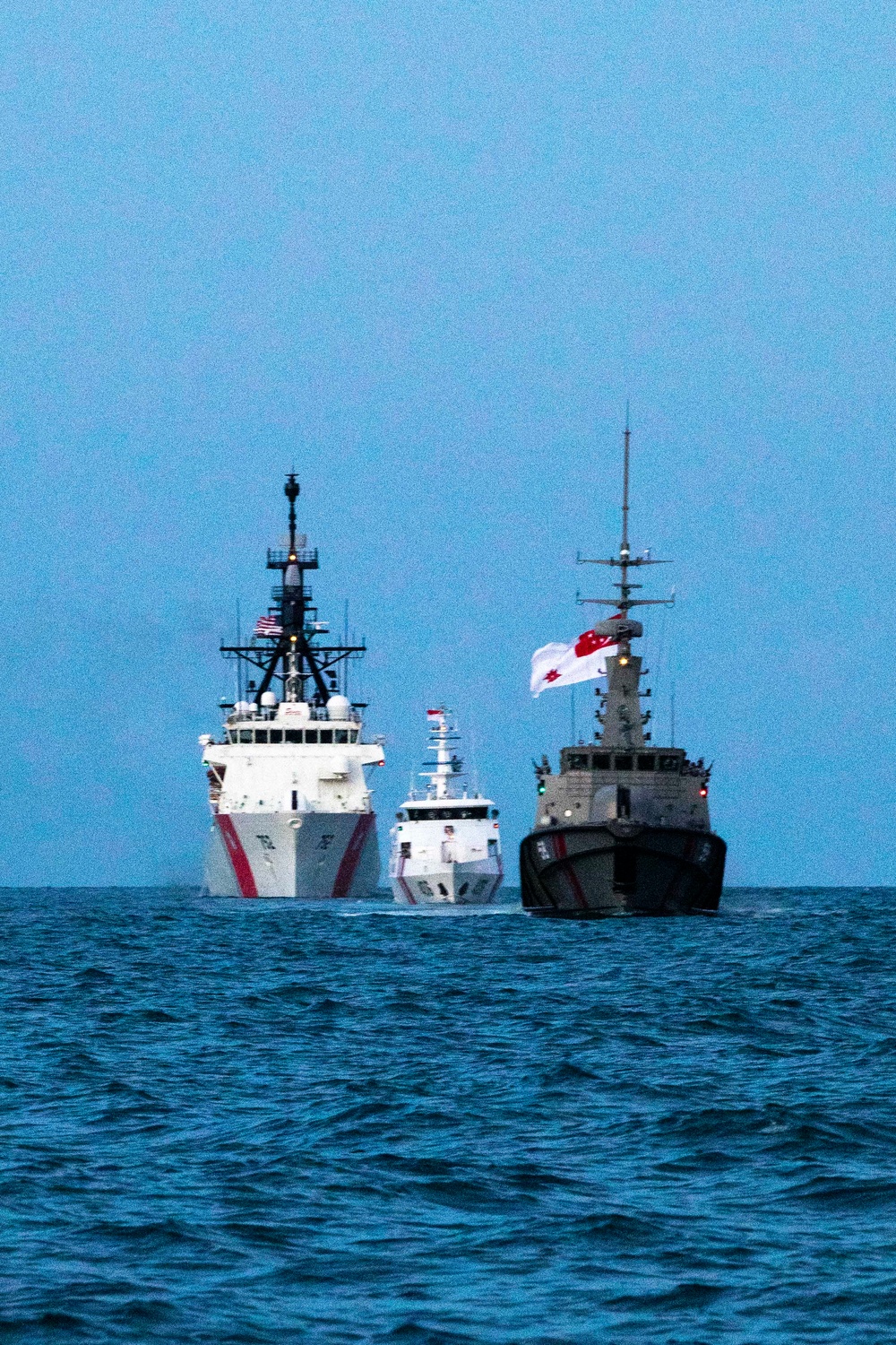 U.S. Coast Guard Cutter Stratton conducts passing exercises with the Republic of Singapore Navy and the Indonesian Maritime Security Agency during Western Pacific patrol