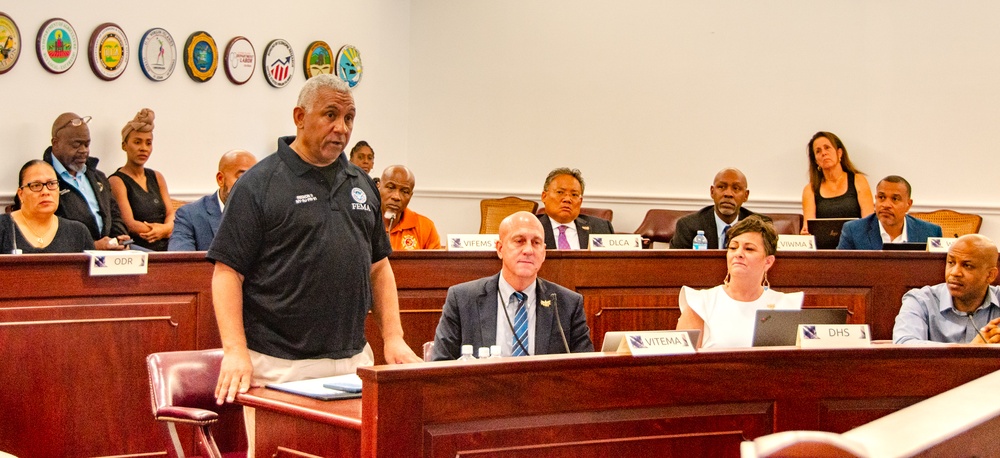 FEMA Virgin Islands Caribbean Area Office Coordinator Addresses Governor During Hurricane Preparedness Brief