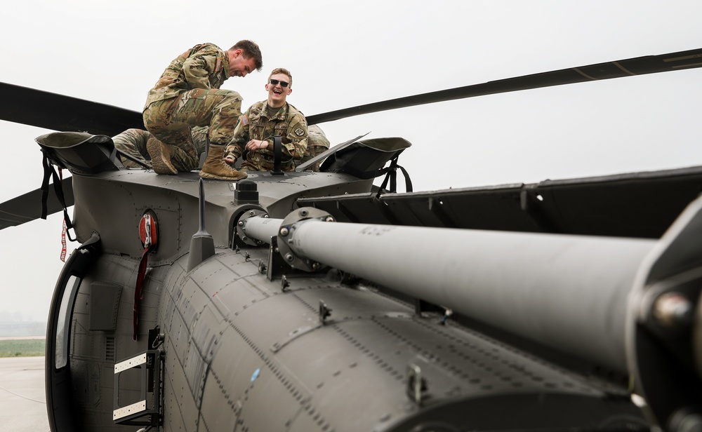 Iowa Black Hawk mechanics conduct aircraft maintenance checks at Camp Guernsey