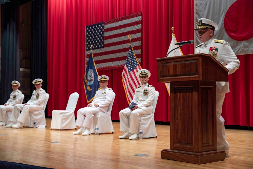 Rear Adm. Rick Seif, commander, Submarine Group 7, makes remarks during the Commander, Submarine Group 7 change of command ceremony.
