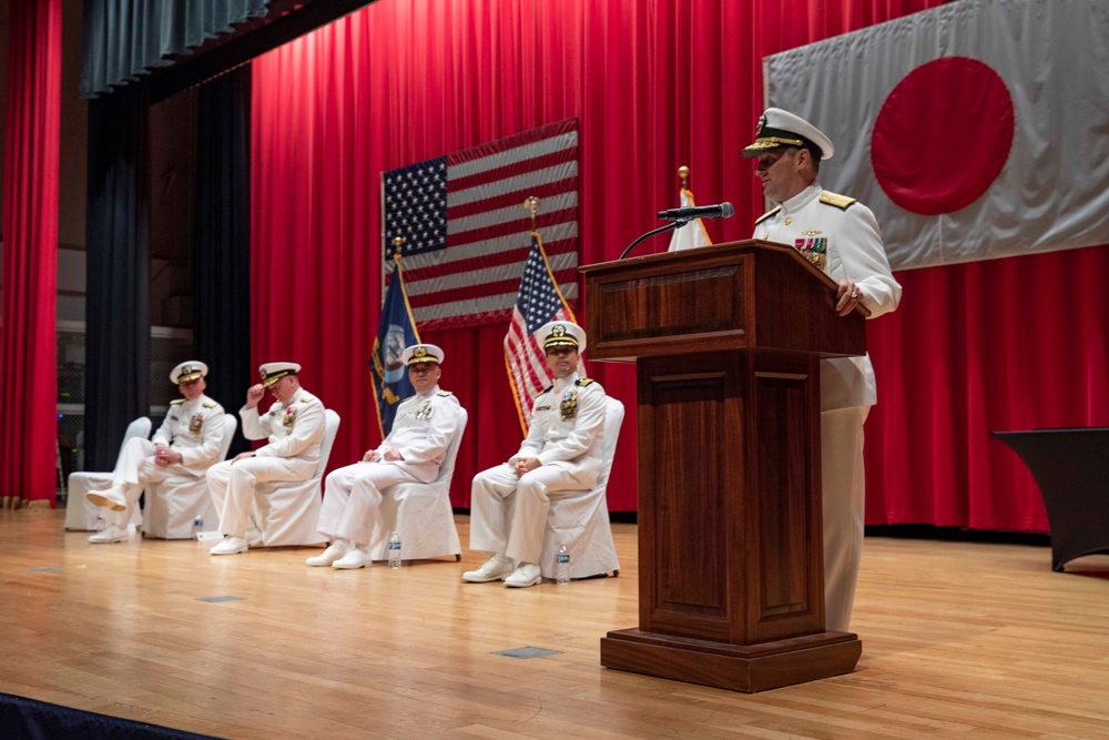 Rear Adm. Chris Cavanaugh, commander, Submarine Group 7, makes remarks during the Commander, Submarine Group 7 change of command ceremony.