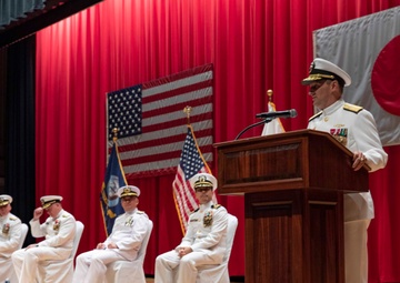 Rear Adm. Chris Cavanaugh, commander, Submarine Group 7, makes remarks during the Commander, Submarine Group 7 change of command ceremony.