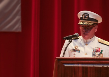 Rear Adm. Rick Seif, commander, Submarine Group 7, makes remarks during the Commander, Submarine Group 7 change of command ceremony.