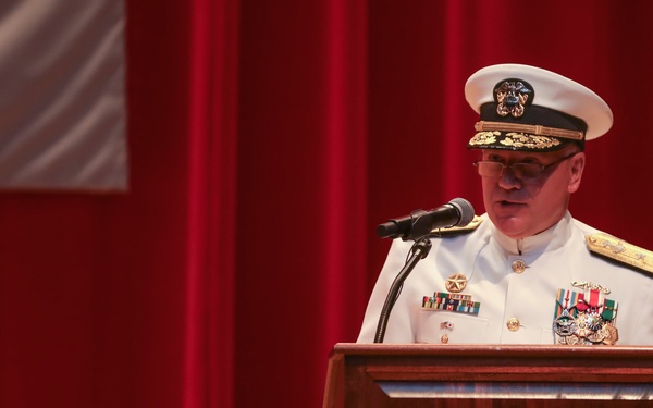 Rear Adm. Rick Seif, commander, Submarine Group 7, makes remarks during the Commander, Submarine Group 7 change of command ceremony.