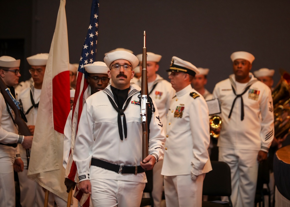 The U.S. Naval Hospital Yokosuka color guard parade the colors during the Commander, Submarine Group 7 change of command ceremony.
