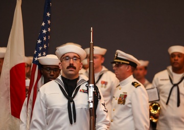 The U.S. Naval Hospital Yokosuka color guard parade the colors during the Commander, Submarine Group 7 change of command ceremony.