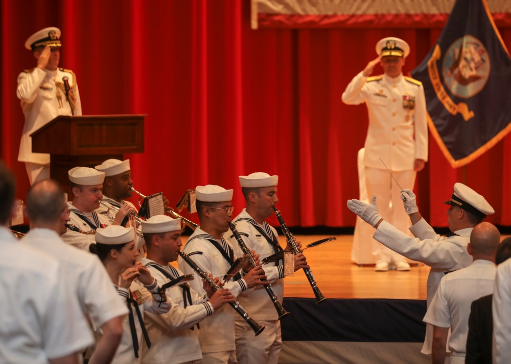 U.S. 7th Fleet Band performs for Commander, Submarine Group 7 during a change of command ceremony.
