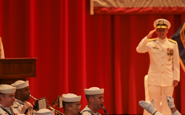 U.S. 7th Fleet Band performs for Commander, Submarine Group 7 during a change of command ceremony.