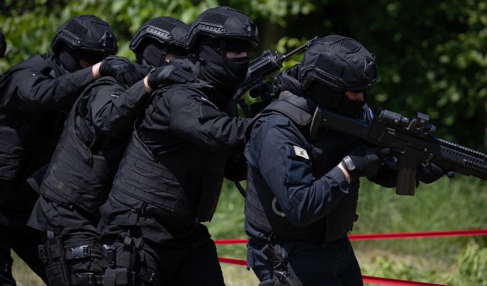 Soldiers assigned to the 508 Military Police Company display room clearing maneuvers to Albanian military police during DEFENDER 23