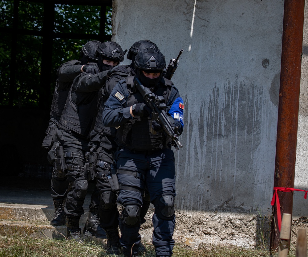 Soldiers assigned to the 508 Military Police Company display room clearing maneuvers to Albanian military police during DEFENDER 23