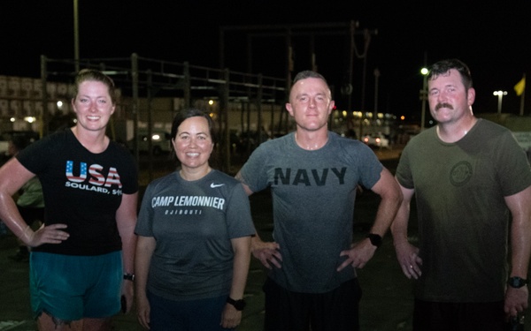Service members deployed to Camp Lemonnier, Djibouti, perform “The Murph Challenge”