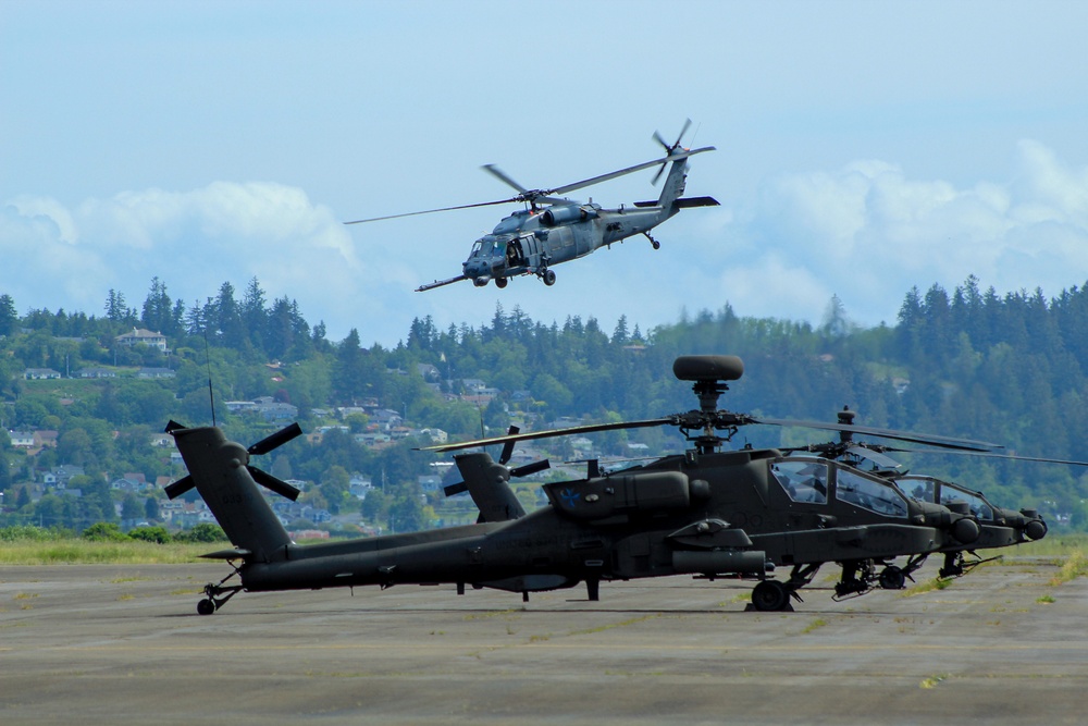 943d Rescue Group HH-60G Pave Hawk helicopter flies over U.S. Army Apache helicopters