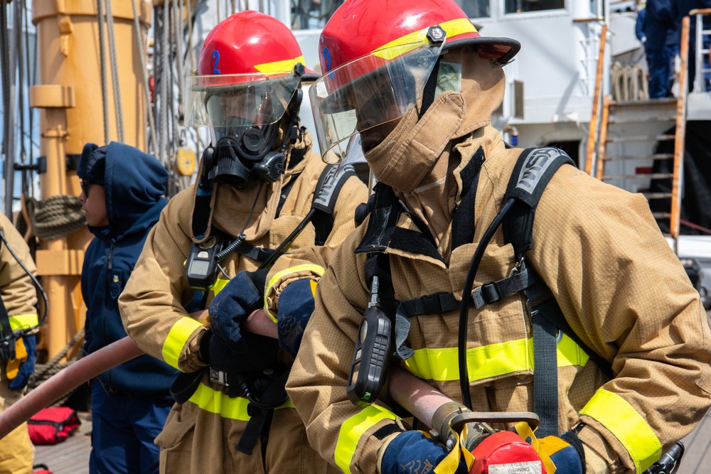 Cadets aboard USCGC Eagle learn damage control