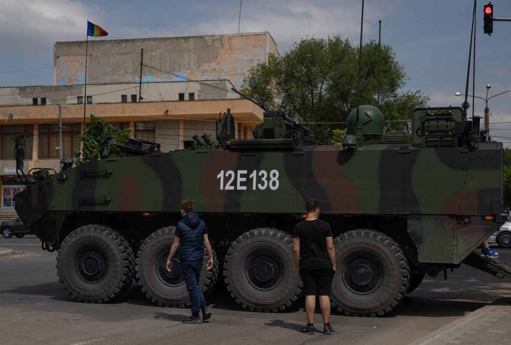 Soldiers assigned to the 508th Military Police Company stage a Static Display in Slobozia, Romania during DEFENDER 23