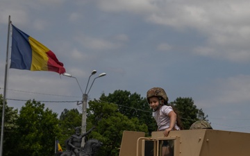 Soldiers assigned to the 508th Military Police Company stage a Static Display in Slobozia, Romania during DEFENDER 23