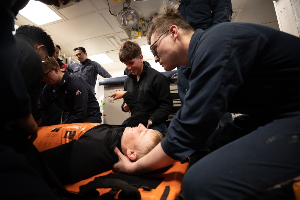 Fireman Memphis Taylor participates in stretcher bearer training