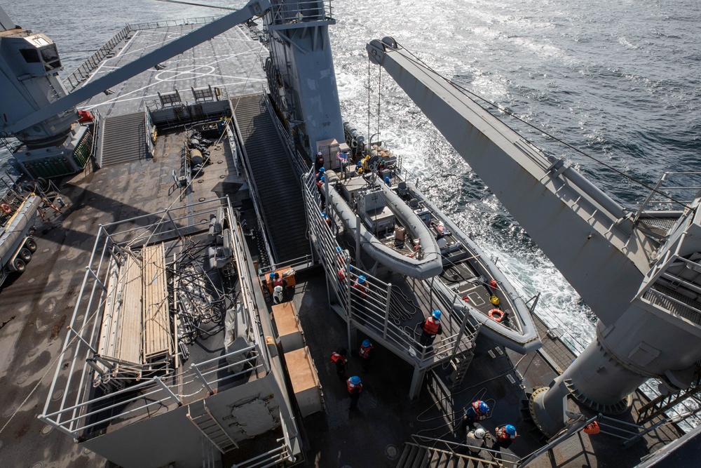 USS Harpers Ferry (LSD 49) sailors prepare to lower rigid hull inflatable boat (RHIB)