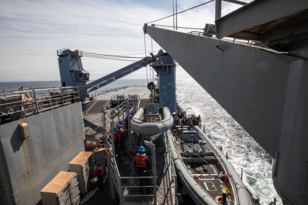 USS Harpers Ferry (LSD 49) sailors prepare to raise rigid hull inflatable boat (RHIB)