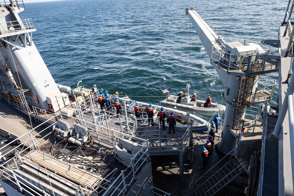 USS Harpers Ferry (LSD 49) sailors lower rigid hull inflatable boat (RHIB) into Alaskan Gulf