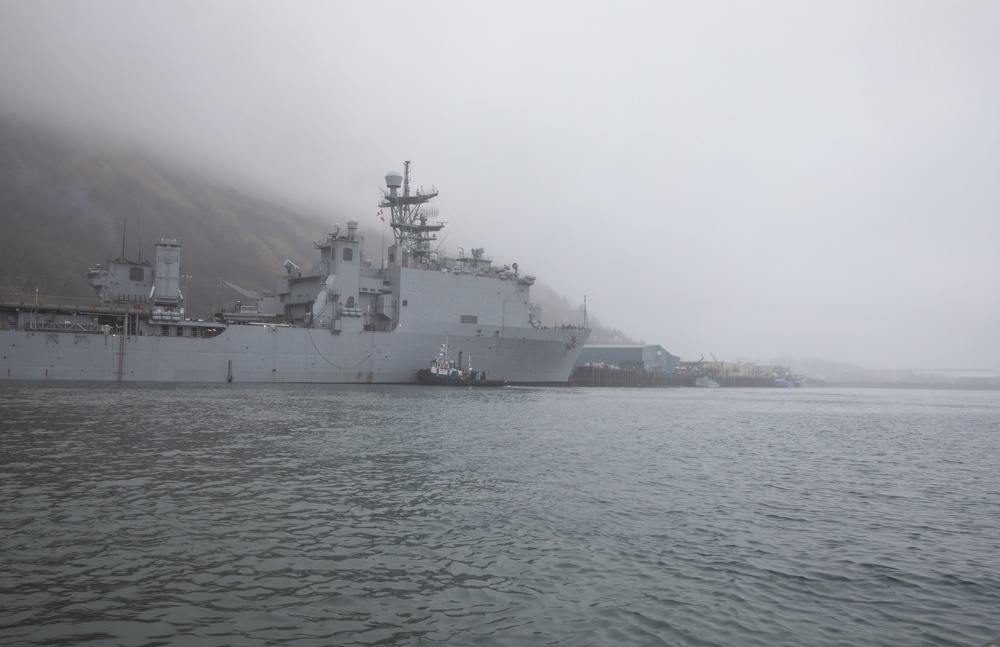 USS Harpers Ferry (LSD 49) pulls into port in Kodiak, Alaska