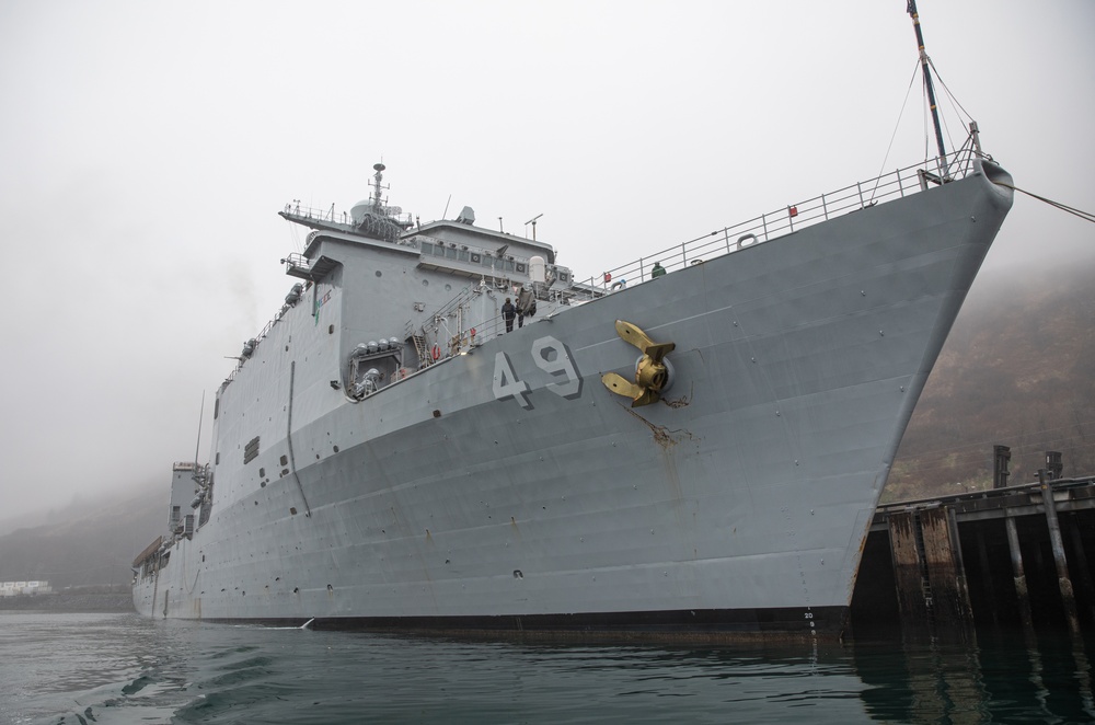 USS Harpers Ferry (LSD 49) moors in Kodiak, Alaska