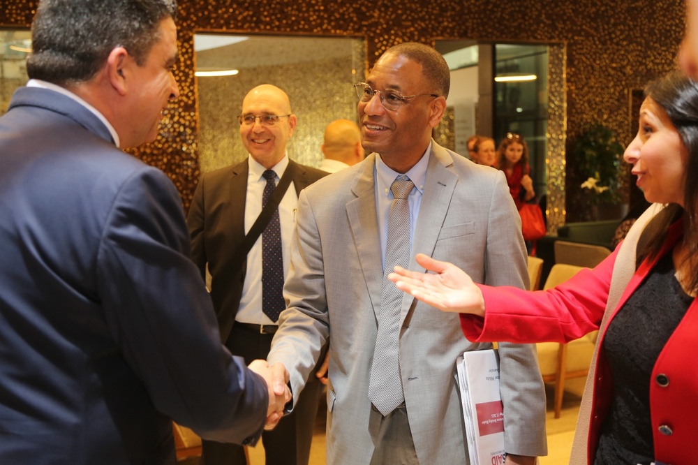 USAID Counselor Clinton White , Acting Assistant Administrator Andrew Plitt, and Chief Digital Democracy and Rights officer Vera Zakem congratulated Libyan Audit Bureau staff who recently completed professional auditor accreditation training.