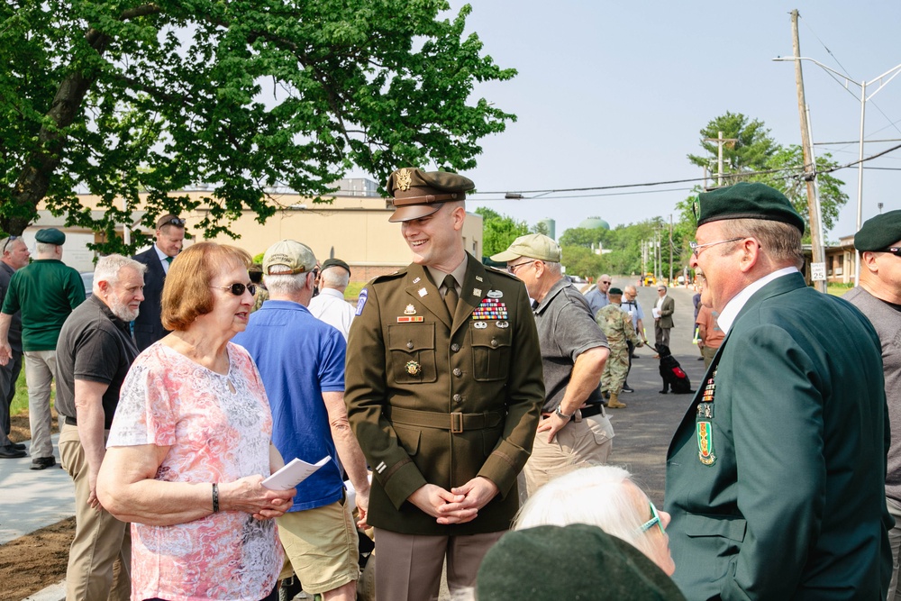 Lieutenant Colonel Trent Colestock and Mrs. Betty Gordon, Gary Gordon's mother, speaking before the ceremony