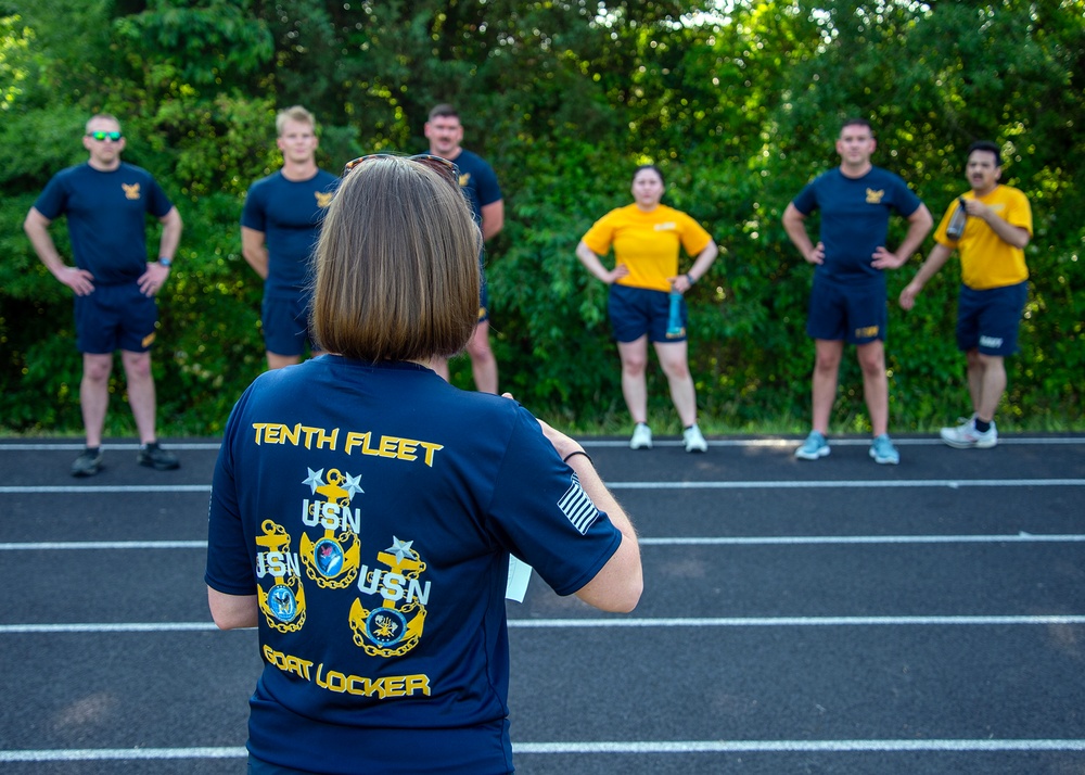 Sailors from U.S. Fleet Cyber Command/U.S. TENTH Fleet participate in a command sponsored fitness event as part of a commemoration of the 81st anniversary of the Battle of Midway on Fort George G. Meade, Md.